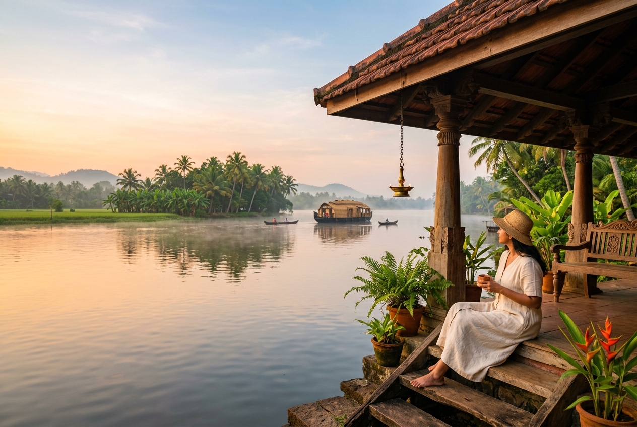 Kerala - Keralam farmhouse veranda overlooking backwaters and coconut palms at sunrise